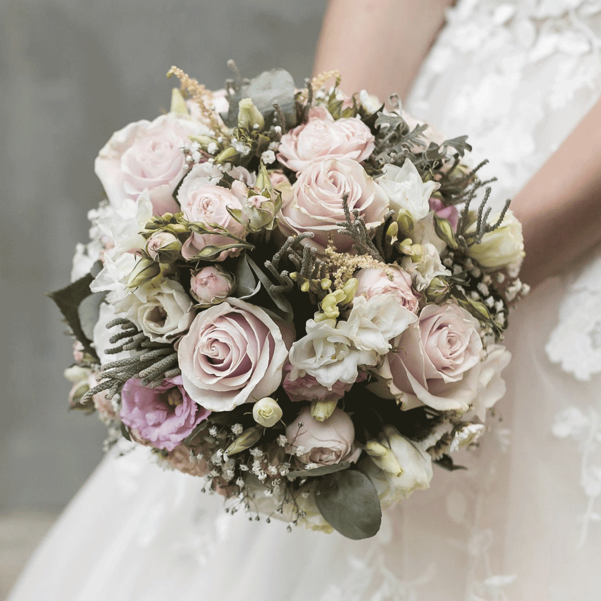 Bride holding stunning wedding flowers with roses by Inspired Flowers