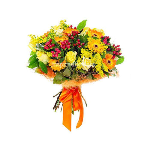 Golden Sunshine Floral Hand-tied Bouquet combination of fresh yellow blooms including roses and gerbra by Inspired Flowers