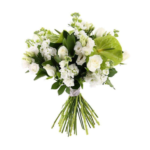 Bouquet of white and cream stocks and anthuriums by inspired flowers