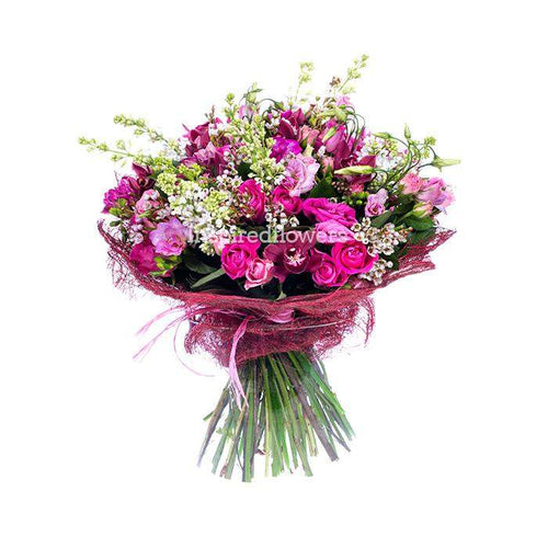 Pink Lady Floral Hand-tied Bouquet mixture of fresh flowers in cerise and purple handcrafted by florist by Inspired Flowers 