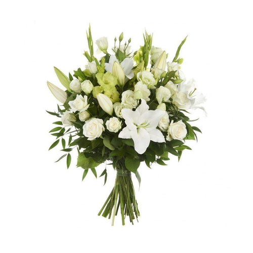 Sympathy Bouquet Floral Hand-tied Bouquet fresh lilies roses and gerbra are the focal flowers in this floral hand tied arrangement by Inspired Flowers 