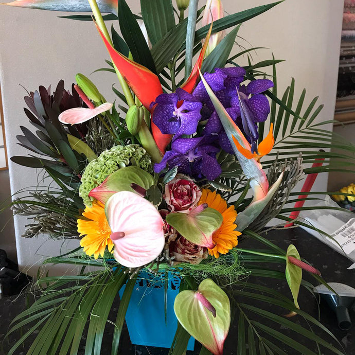 tropical flat back floral arrangement - copyright inspired flowers