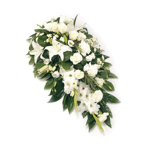Funeral floral long ended spray arrangement with white lilies