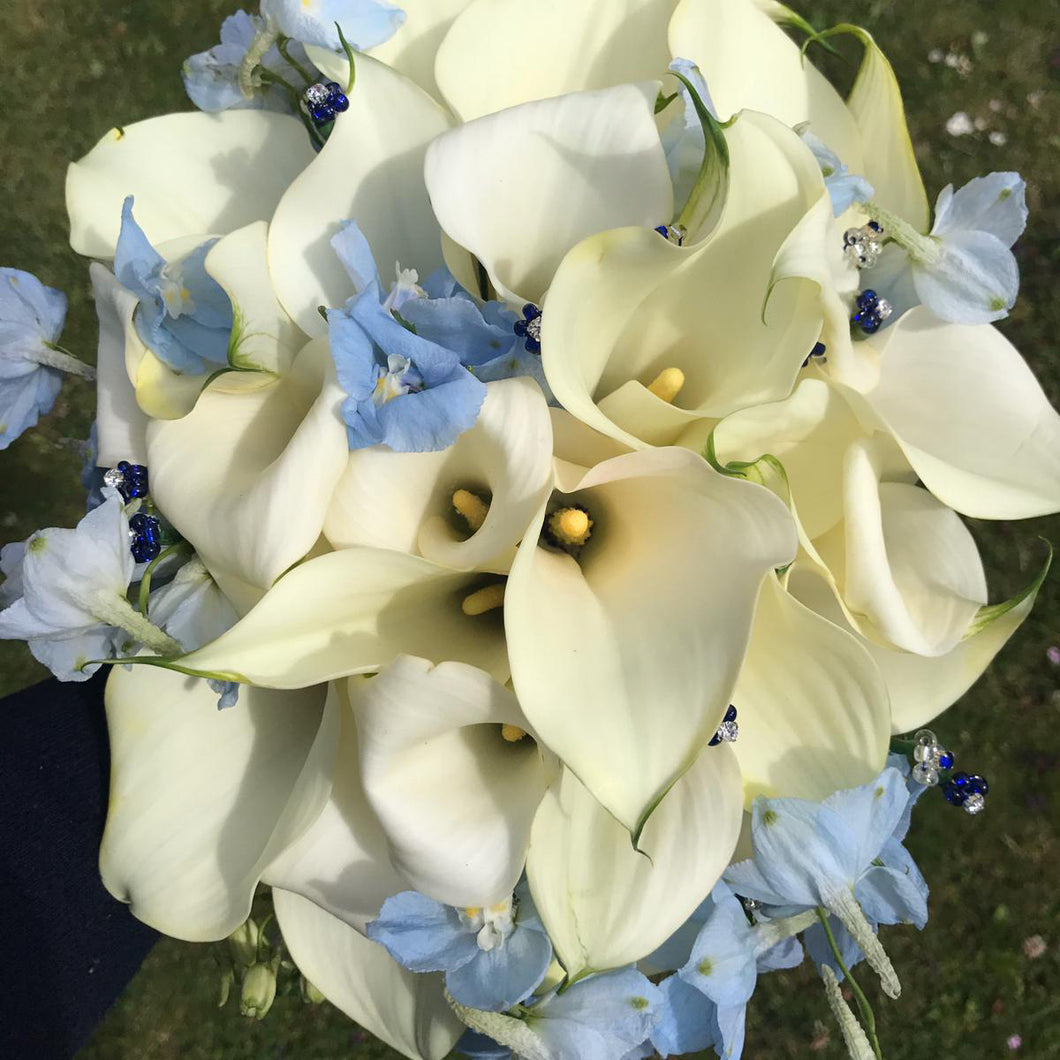 Wedding hand-tied bouquet with fresh calla Lilly and delphiniums - copyright inspired flowers