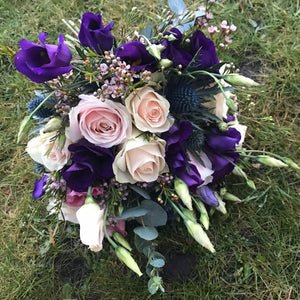 wedding tied bouquet in pink roses and purple lisianthus - copyright inspired flowers