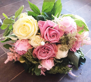 hand tied wedding bouquet in pinks and cream with roses and peonies - copyright inspired flowers 