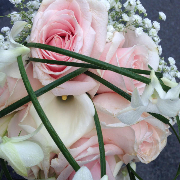 Wedding tied bouquet with fresh pink and cream roses - copyright inspired flowers