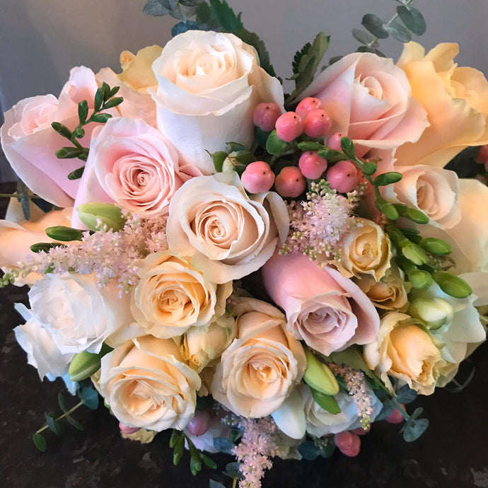 structures wedding bouquet assortment of roses astilbe and hypericum - copyright inspired flowers