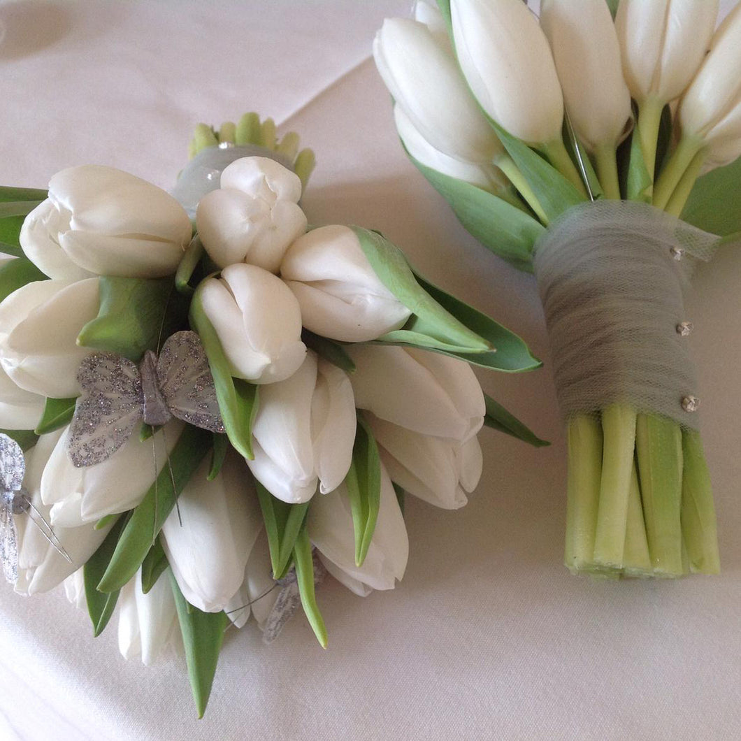 bride and bridesmaid bouquet in white tulips - copyright inspired flowers