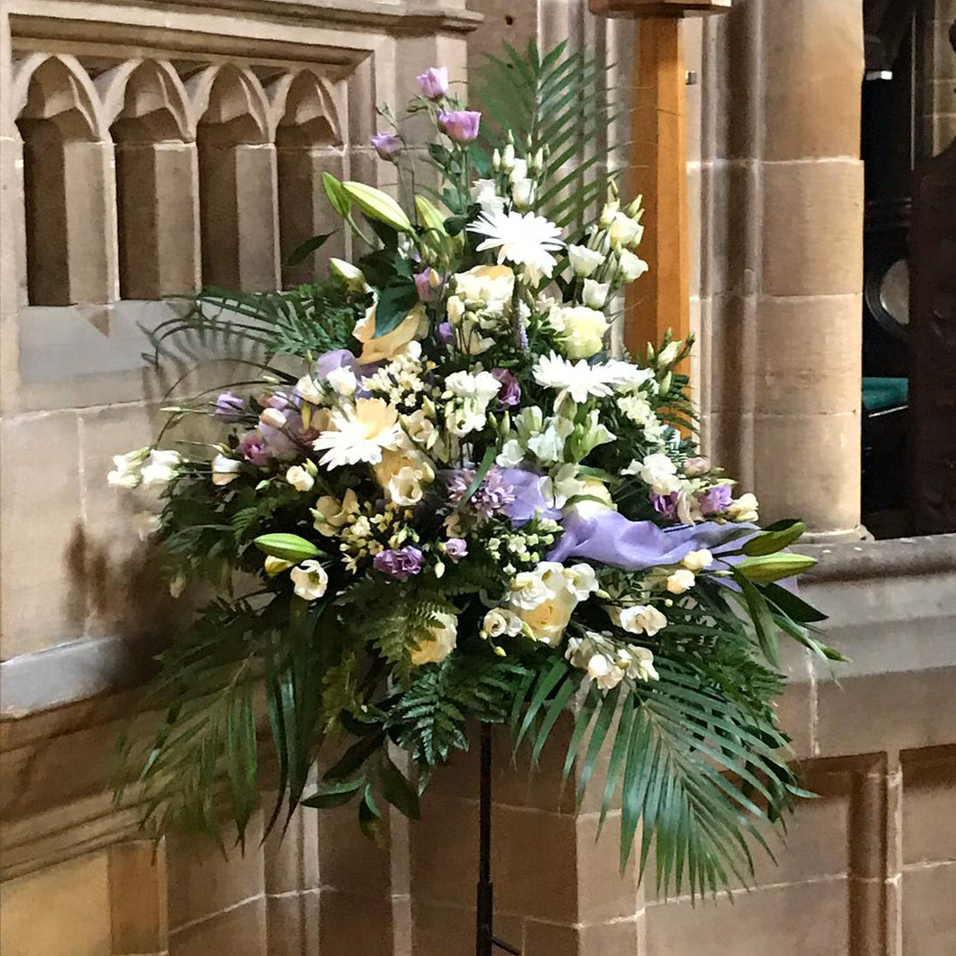 alter floral arrangement luscious foliage and fresh white and lilac flowers - copyright inspired flowers