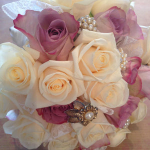 vintage style bridal bouquet fresh antique roses with vintage brooches - copyright inspired flowers