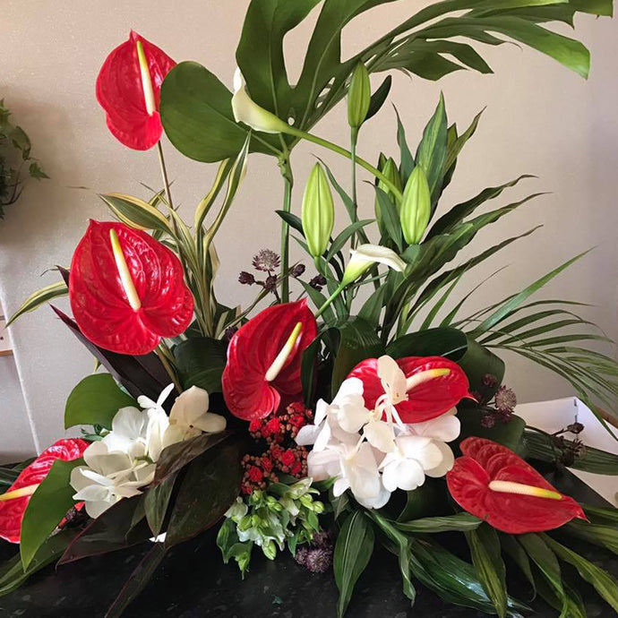 Modern front facing arrangement of plants and lilies - copyright inspired flowers