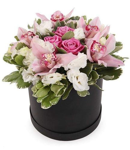 Floral Hat Box Arrangement with fresh pink roses and orchids arranged by florist by Inspired Flowers  