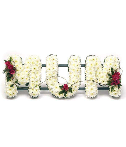 MUM Lettering Floral Tribute fresh white chrysanthemums and cerise rose floral arrangement by Inspired Flowers 