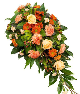 Orange Single Ended Spray arranged beautifully by florist in orange cream and bronze with fresh rose carnation and foliage by Inspired Flowers 