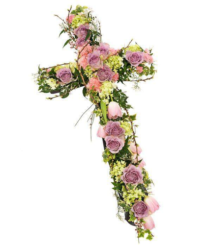 Pink Cross Floral Tribute perfectly arranged by florist to create a special tribute for loved one with fresh roses and carnations by Inspired Flowers 