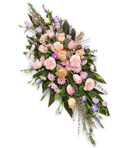 Pink Double Ended Coffin Spray pastel tones with  fresh tulip rose and carnation for a delicate and pretty design by Inspired Flowers