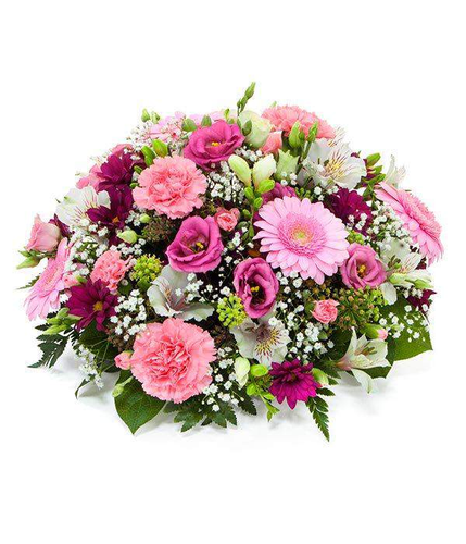 Pink Posy Dish Arrangement with freesia gerbra gypsophila to create fragrant and delicate floral arrangement by Inspired Flowers