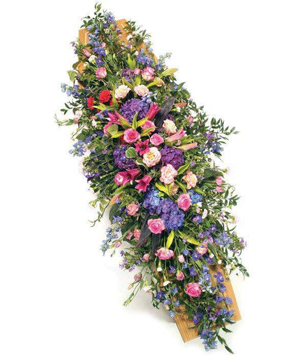 Pink & Mauve Double Ended Coffin Spray luxury fresh roses hydrangea and lilies set amongst flowing foliage by Inspired Flowers 
