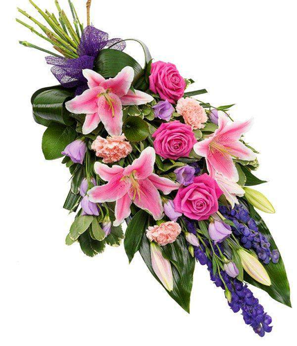 Pink & Purple Hand Tied Sheaf fresh rose and lily with lisianthus and carnation and bold foliage by Inspired Flowers 