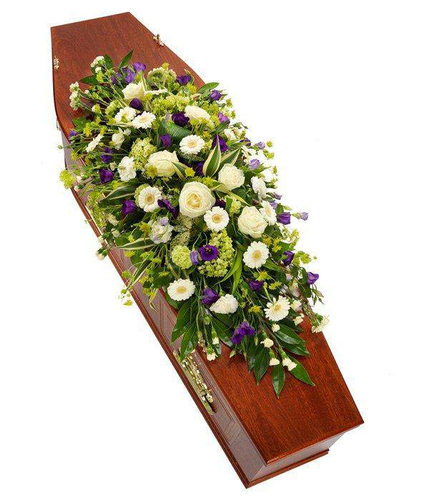 Purple & White Double Ended Coffin Spray beautiful white rose and purple lisianthus as focal flowers  with mix of fresh flowers to match by Inspired Flowers 
