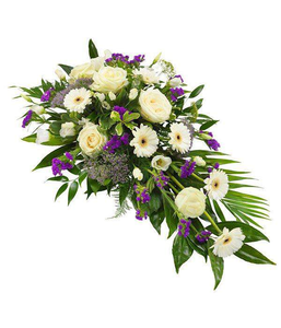 Purple & White Single Ended Spray consisting of white rose and gerbra with purple lisianthus and striking foliage by Inspired Flowers 