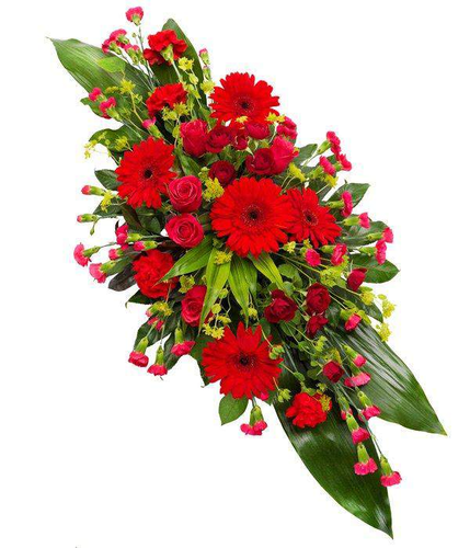 Red Double Ended Coffin Spray finest red roses carnations and gerbra with seasonal foliage prepared by florist by Inspired Flowers