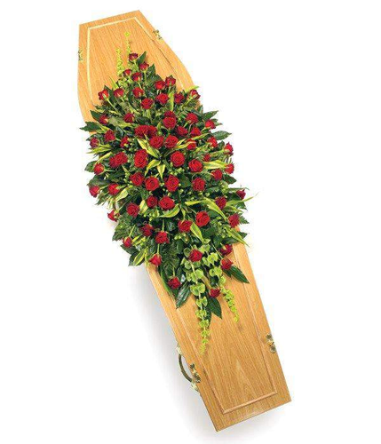 Red Rose Double Ended Coffin Spray the best dutch red roses sitting amongst luscious green foliage arranged by florist by Inspired Flowers 