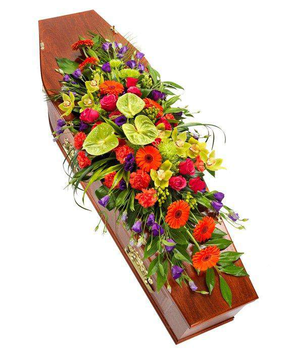 Vibrant Double Ended Coffin Spray cerise rose anthuriums orchids traditional and modern mix by Inspired Flowers