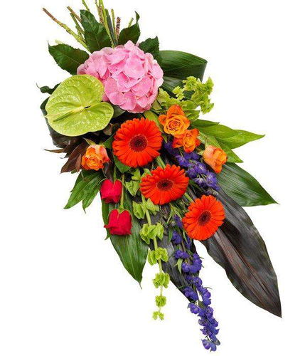 Vibrant Hand Tied Sheaf Orange and cerise Roses, purple Aconitum, pink Hydrangea, green Anthurium and orange Gerbera by Inspired Flowers 