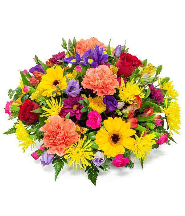 Vibrant Posy Pad Floral Arrangement orange red yellow and purple fresh mix of flowers arranged by florist by Inspired Flowers