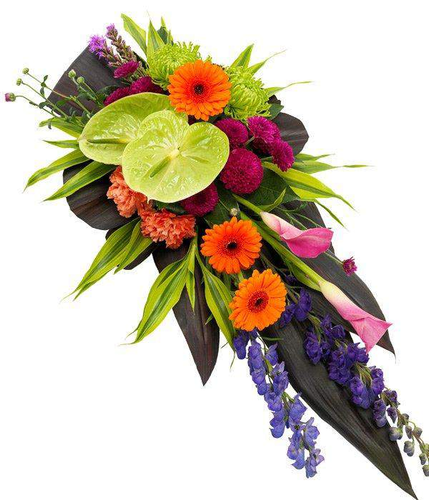 Vibrant Single Ended Spray Calla Lilies, purple Aconitum, Liatris and orange Germini and Carnations with green Anthurium by Inspired Flowers 