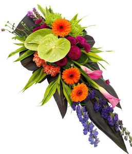 Vibrant Single Ended Spray Calla Lilies, purple Aconitum, Liatris and orange Germini and Carnations with green Anthurium by Inspired Flowers 