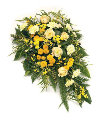 Yellow Single Ended Spray yellow and gold with cream Roses. A delicate country style single ended spray, with Lemon Roses, yellow and Chrysanthemums by Inspired Flowers