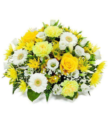 Yellow and White Posy Dish Arrangement Containing a mix of yellow roses, white germini, yellow carnations, white lisianthus and yellow alstroemeria by Inspired Flowers 