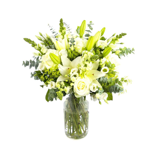 Cream and green Floral Hand-tied bouquet stunning flowers and foliage including eucalyptus lilies and roses arranged by florist  by Inspired Flowers