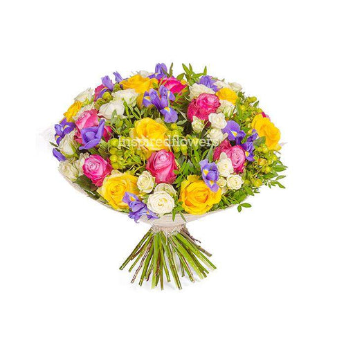 Bold Radiance floral hand-tied bouquet with fresh iris and yellow roses perfect for any occasion by Inspired Flowers