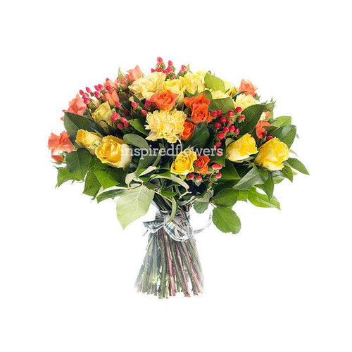 Marmalade Floral Hand-tied Bouquet yellow and orange mix of fresh flowers with lilies carnations and gerba by Inspired Flowers 