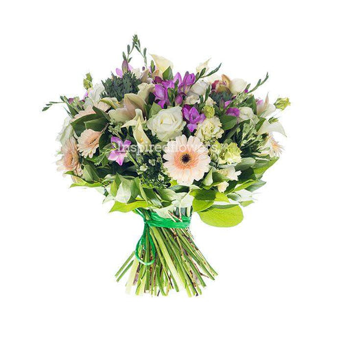 Pretty Pastels Floral Hand-tied Bouquet in pinks lemons and creams using the freshest of flowers including gerbra lily santini and roses by Inspired Flowers
