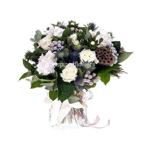 Classic Beauty Floral Hand-tied Bouquet of oriental lilies roses and alstroemeria with season foliage by Inspired Flowers