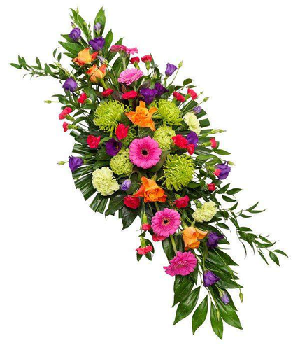 Bright and Bold Double Ended Coffin Spray fresh flowers with dutch blooms and foliage by Inspired Flowers 