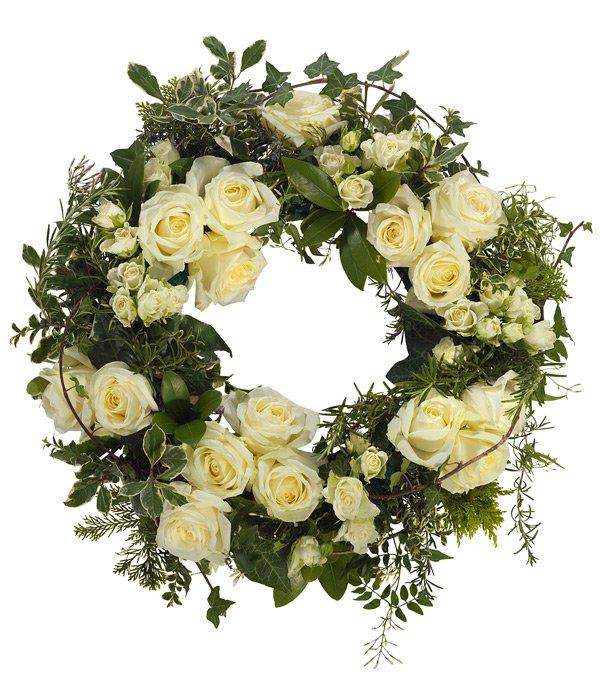White Wreath Only the finest of white Roses and Bouvadia with a hint of ivy and a generous mix of foliage. To create a beautifully stunning floral arrangement with texture and depth by Inspired Flowers